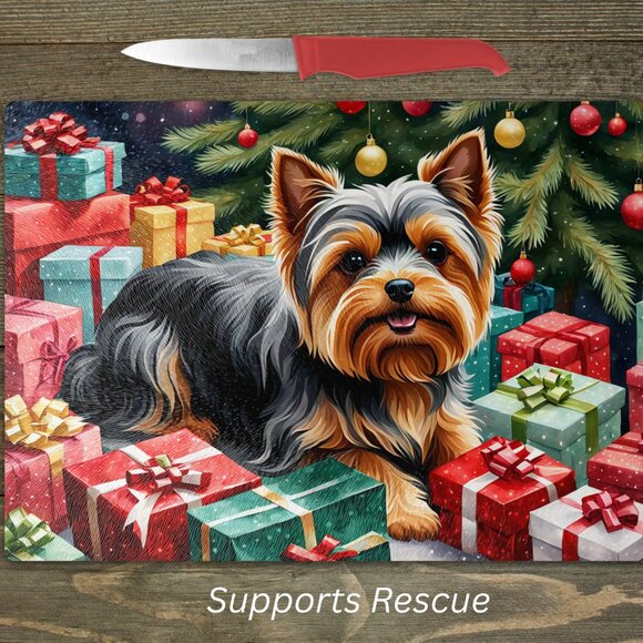 Christmas Yorkshire Terrier Kitchen Tempered Glass Cutting Board or Trivet - Picture 1 of 1